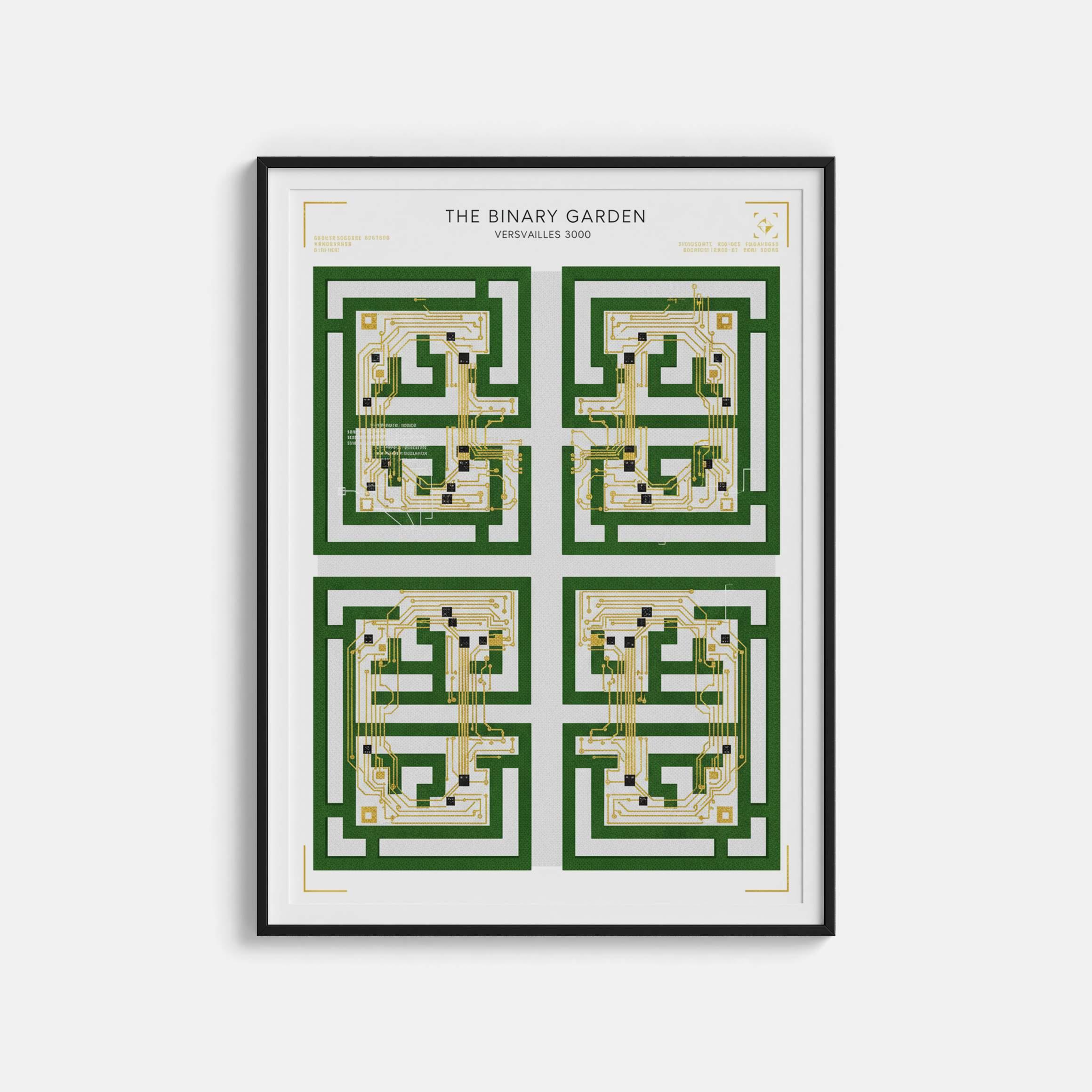 The Binary Garden Versailles 3000 Print - Golden Circuit Board Labyrinth & Royal Garden Poster - Futurism Landscape Wall Decor view 1