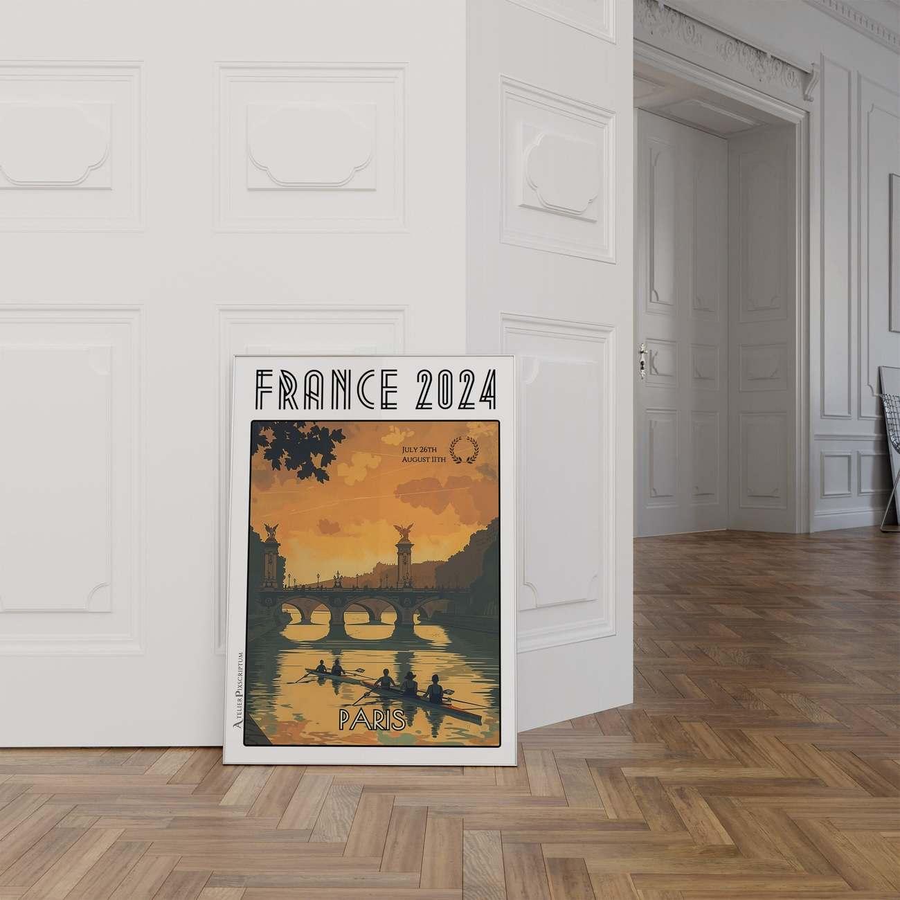Rowing Poster Paris France 2024 - Athletes on the Seine - Sports Competition Print Illustrating the Spirit of the Games